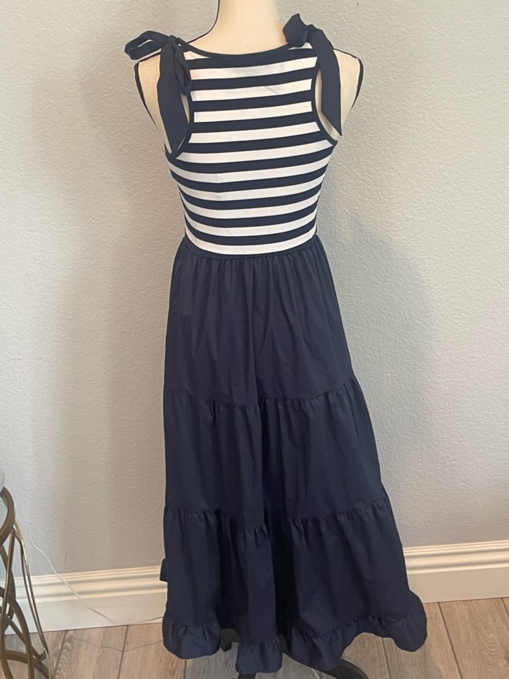 Striped Top Navy Tie-Shoulder Maxi Dress - Picture 3 of 7